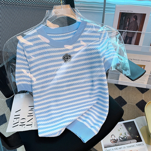 European 2024 Summer New Style Chanel Style Round Neck Contrast Color Striped Ice Silk Knitted Shirt Camellia Short Sleeve Top for Women