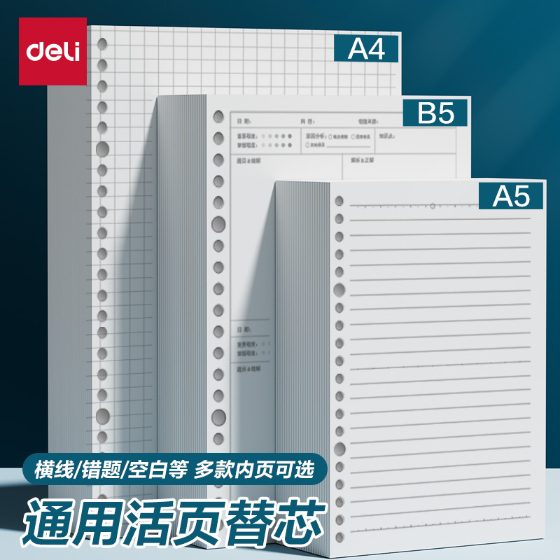 Libro de hojas sueltas Deli Núcleo de reemplazo 20 agujeros 26 agujeros 30 agujeros A5B5 Papel de hojas sueltas universal Núcleo de repuesto Cuaderno de bobina A4