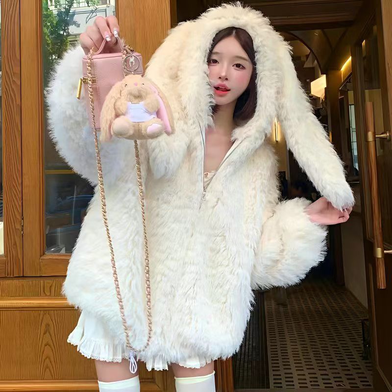 兔子耳朵毛绒外套女2025秋冬新款软妹可爱仿羊羔毛双面绒加厚大衣