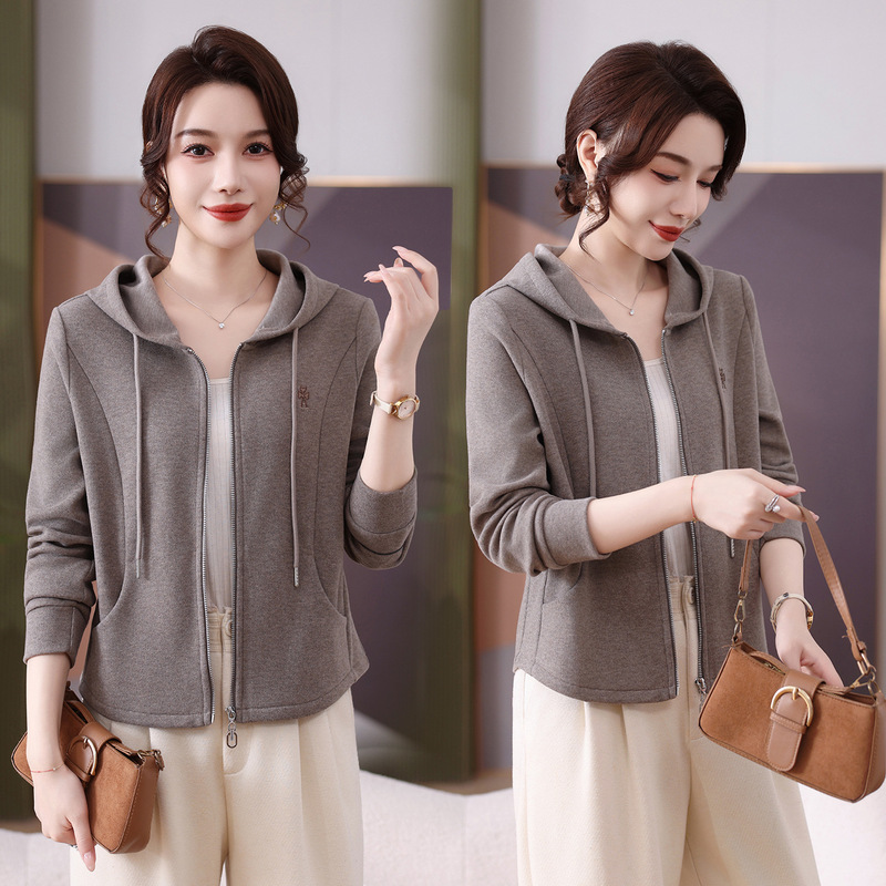Drawstring hooded fashionable casual jacket for women, 2026 autumn new style, chic mom outfit, short cardigan sweatshirt