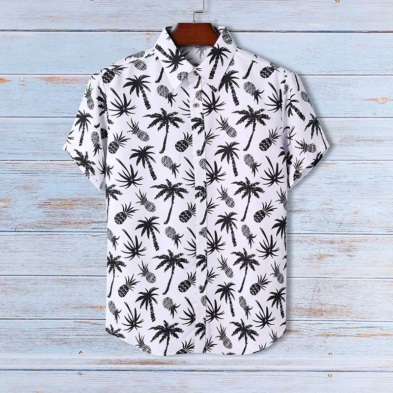 定制夏季新款青年男士短袖衬衫舒适慵懒港风沙滩衬衣来图印帅气