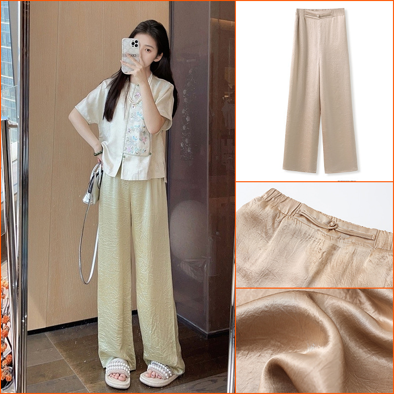 Summer New Chinese-Style Light National Style Solid Color Simple Acetate Casual Pants Loose Straight Versatile Long Pants Zx Model M5162