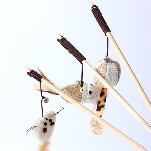 Burlap Wooden Cat Fighting Stick Wholesale Pendant Feather Solid Wood With Bell Wooden Handle Cat Fighting Stick Cat Toy