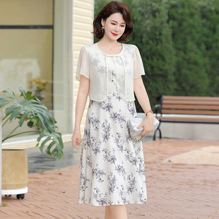 Middle-aged foreign-style mother dress 2025 new middle-aged and elderly women's summer chiffon skirt fake two dignified atmosphere