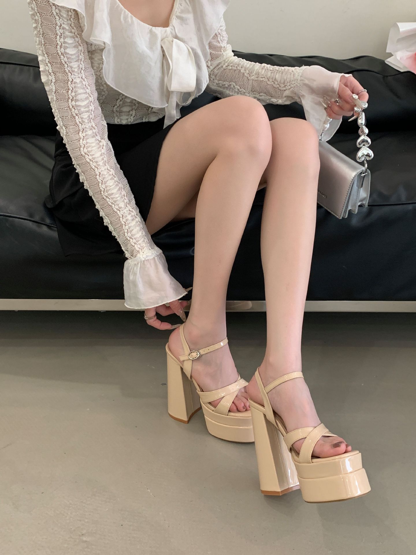 Sandal nữ cao gót đế xuồng platform mũi vuông thời trang — đen chi tiết 14