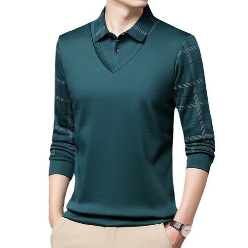 Men's Spring and Autumn Collared Long-Sleeve Checkered Polo Shirt for Middle-Aged and Elderly Leisure Splicing Two-Piece Business Casual Shirt