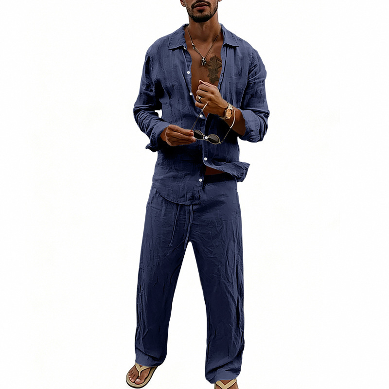 Herren Leinen Freizeithemd Und Hose Set Langarm Anzug_voghion.com