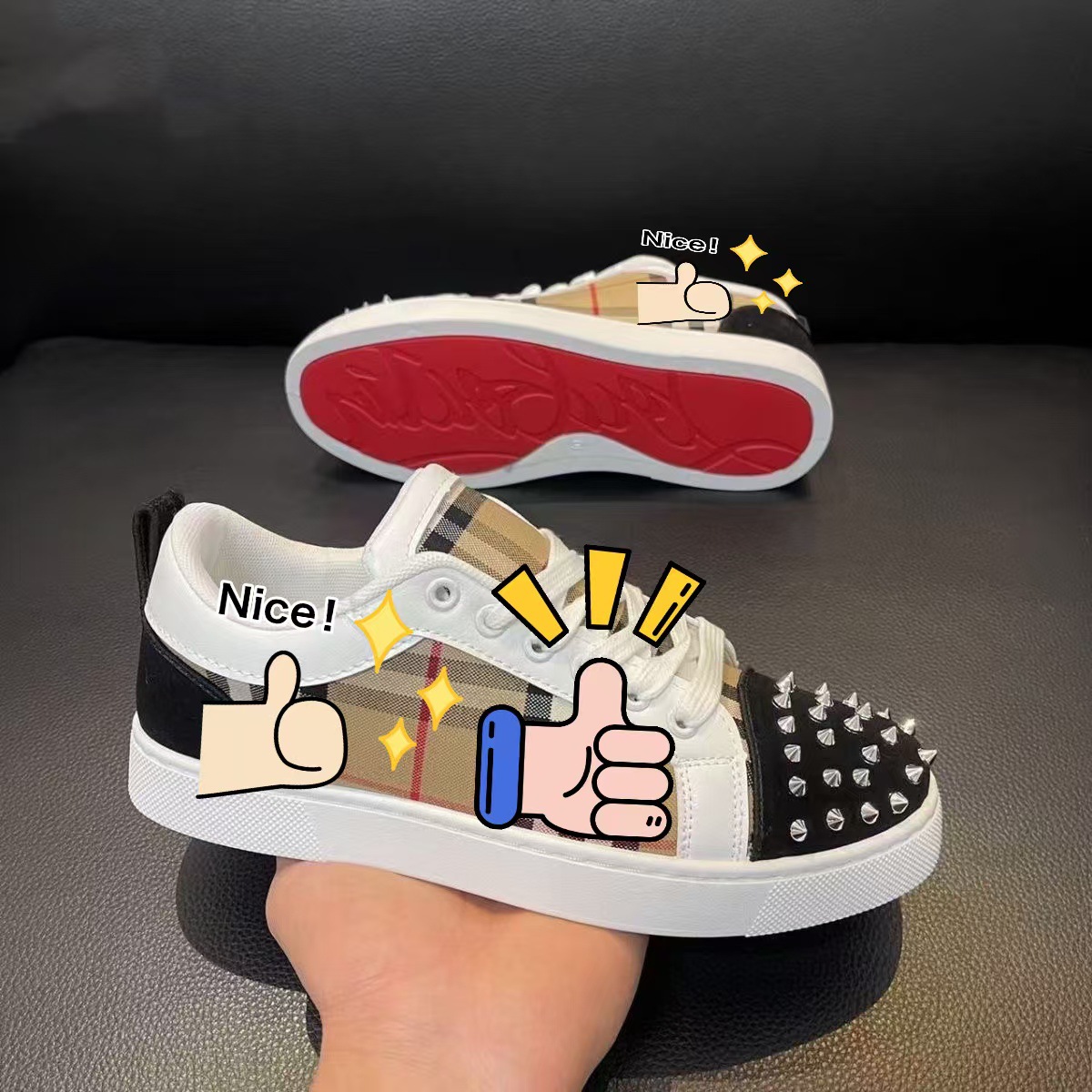 Zapatos de mujer de temperamento con remaches, zapatos de deporte de pareja de lujo ligeros casuales transpirables, zapatos de moda de diamantes estrella para hombres, suela blanda para estudiantes, suela roja todo fósforo