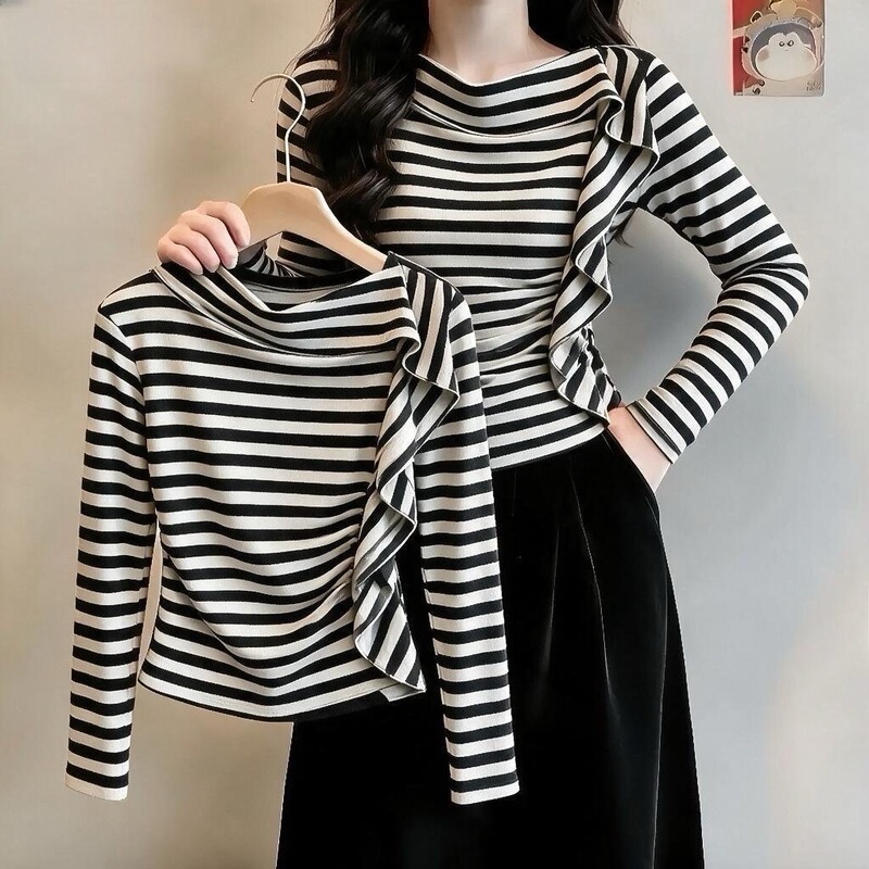 Slimming striped T-shirt with a dropped shoulder design and long sleeves, women's 2026 autumn new collection, featuring a pleated drawstring top, available for drop shipping