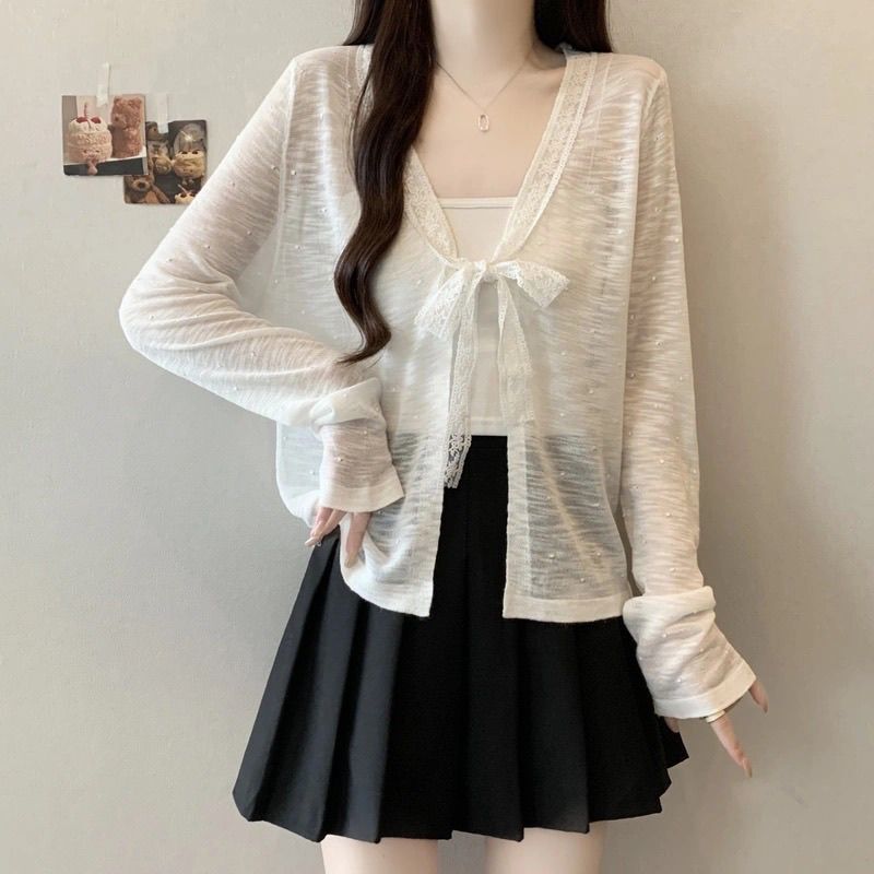 Trendy Lace Bow Tie Long-Sleeve Cardigan for Women, Summer New Plus-Size Versatile Sun-Protective Knit Top