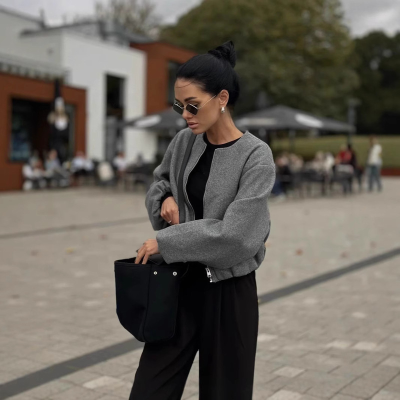 Cross-border ZA European and American Women's AliExpress Explosions Woolen Fluffy Soft Temperament Aviator Crewneck Jacket Coat