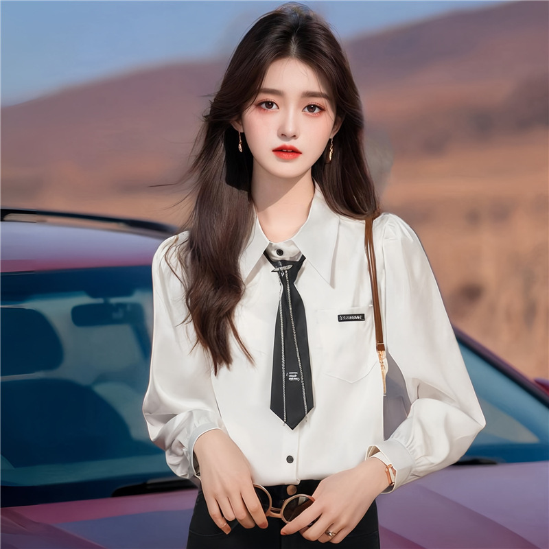 AI Figure in stock Women's White Shirt Long-sleeved Loose Lapel Shirt Design Niche Tie Satin Top