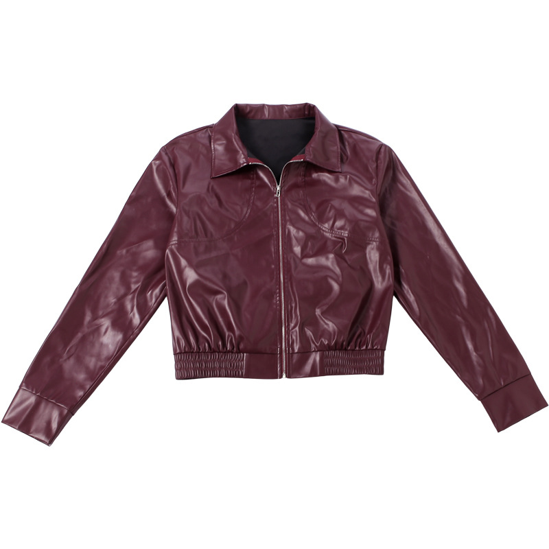 Autumn Winter Collared Zipper Solid Color Casual Poly Urethane Leather Stitching Long Sleeve Coat