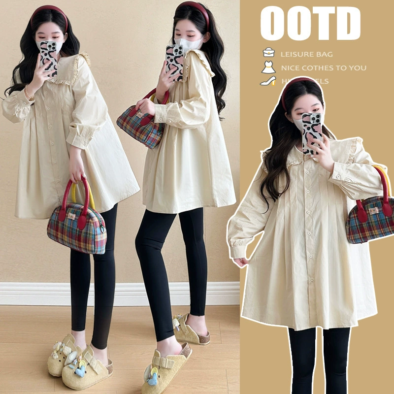 Одежда для беременных 2025 весна и осень новая длинная рубашка с длинными рукавами