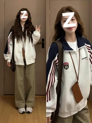 条纹美式复古撞色拉链外套女秋薄款宽松慵懒风棒球服开衫卫衣潮