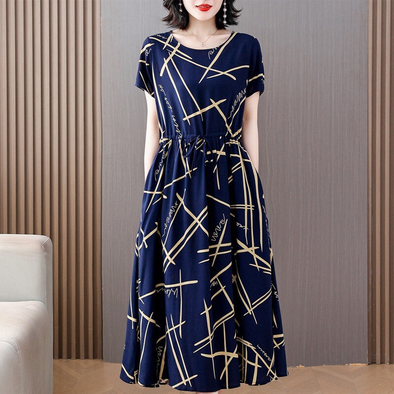 Middle-aged and Elderly Women's Cotton Silk dress 40-50 Year Old Mother's Summer Short-sleeved Loose Mid-length Artificial Cotton Skirt Middle-aged and Elderly Women's Cotton Silk dress 40-50 Year Old Mother's Summer Short-sleeved Loose Mid-length Artificial Cotton Skirt