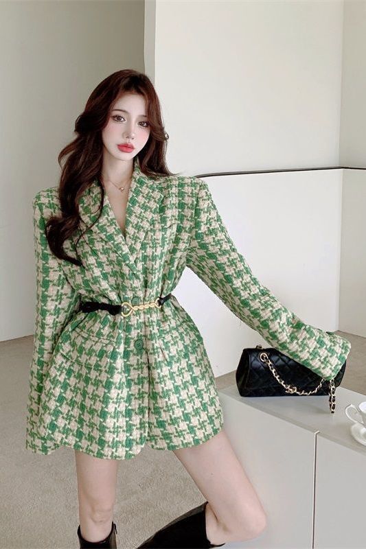 2025 Spring, Autumn and Winter New High-End Tweed Small Fragrance Jacket Women's Retro Green Plaid Loose Woolen Coat Trendy