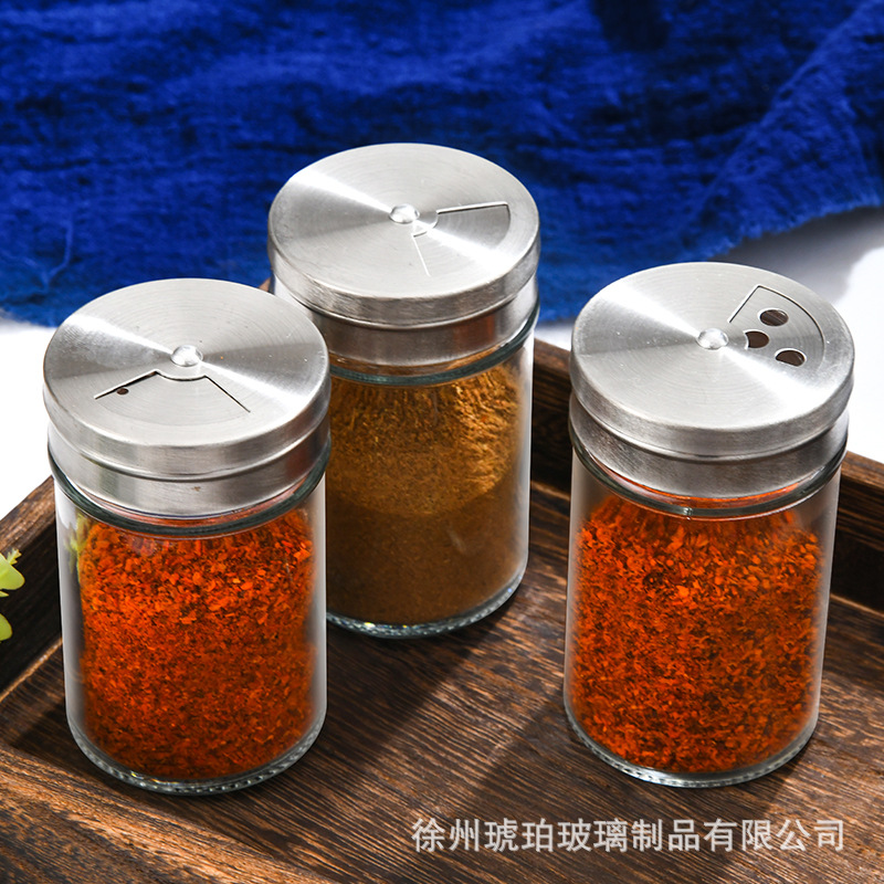Vidrio polvo suelto tarro pimienta barbacoa MSG sal tarro hogar cocina redonda caja de condimento tapa giratoria botella de condimento