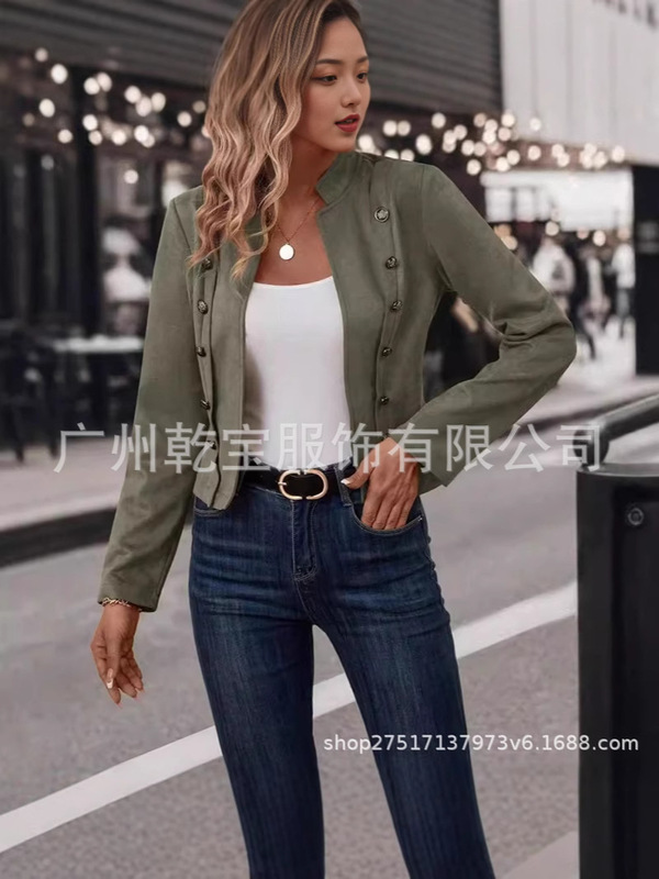 2025欧美跨境外贸纯色双排扣装饰夹克新款鹿皮绒复古长袖外套现货|undefined