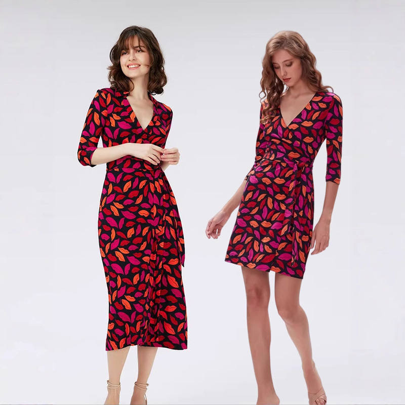 Elegant Elegant Red Lip Printed Wrap Dress 2025 Spring New Slim-fit Slimming Strap Seven-point Sleeve dress Women Elegant Elegant Red Lip Printed Wrap Dress 2025 Spring New Slim-fit Slimming Strap Seven-point Sleeve dress Women