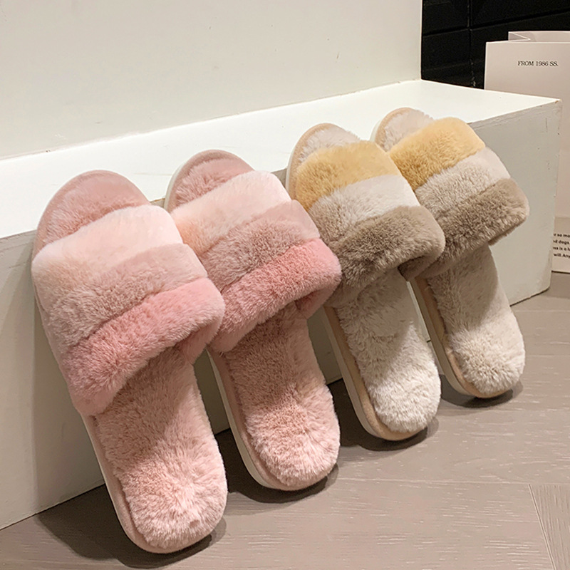 Furry Slippers for Women 2025 Autumn and Winter New Korean Style Lazy Indoor Home Thickeneded Warm Leaky Toe Floor Cotton Slippers