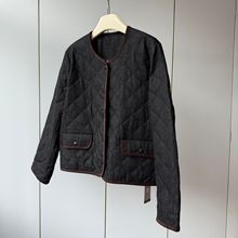 斜纹牛仔棉 填充3M科技棉!圆领菱形格保暖宽松短款棉服外套女