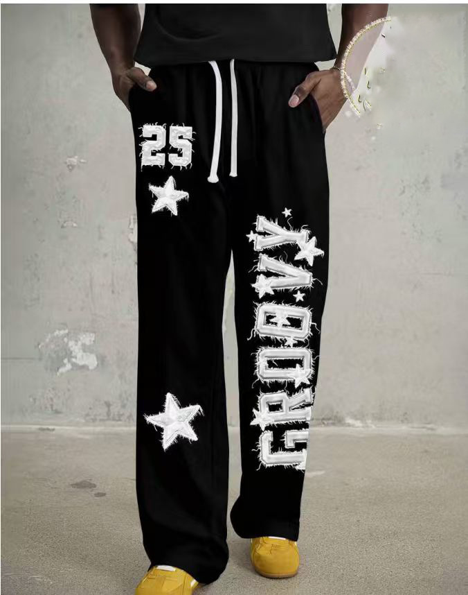 NOKOMETA American Retro Letter Star Printed Sweatpants, Trendy Brand Street Loose Drawstring Straight Sweatpants For Men And Women_voghion.com