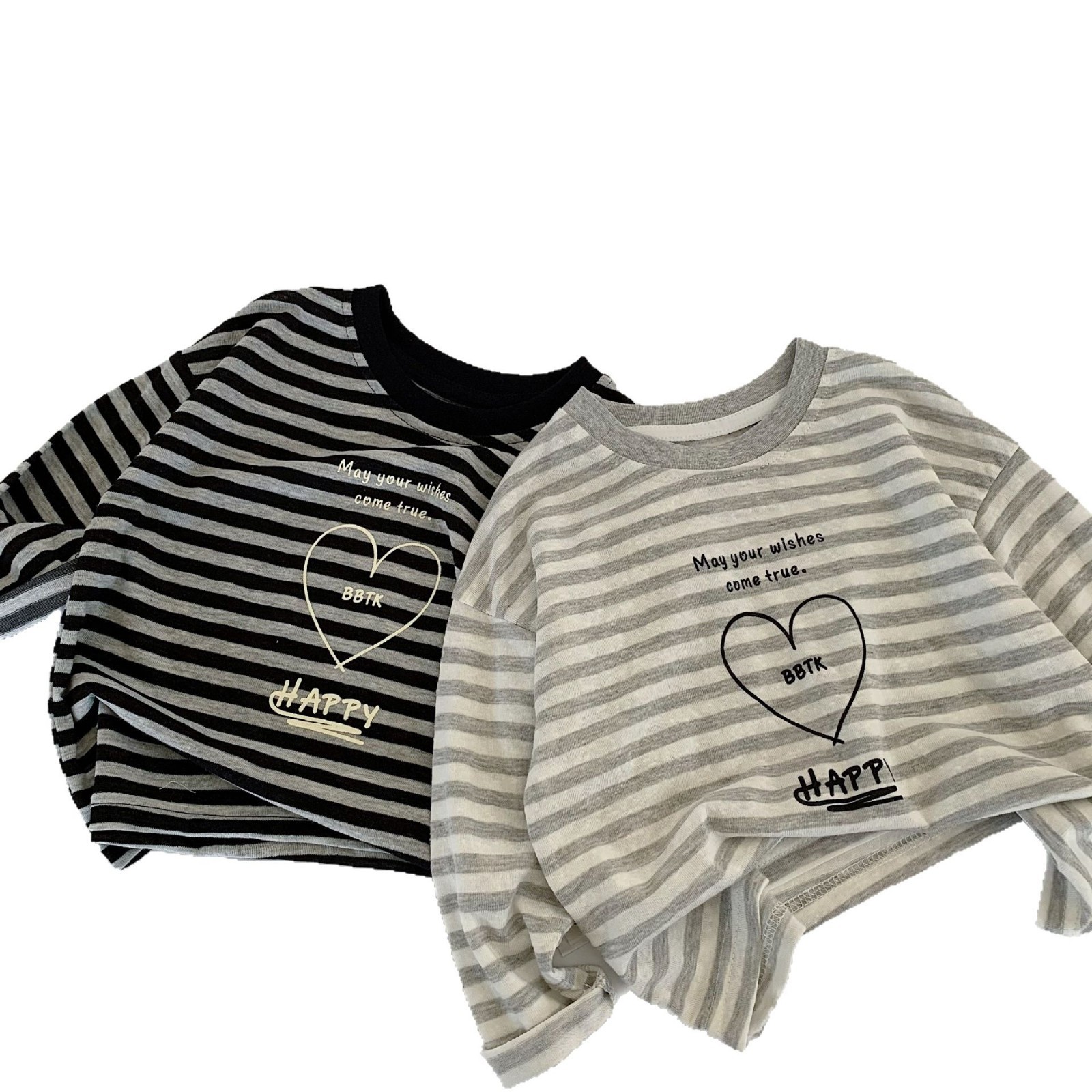 Camiseta infantil Mai Bao2025 otoño lindas rayas de cuello redondo letras de amor camiseta de manga larga