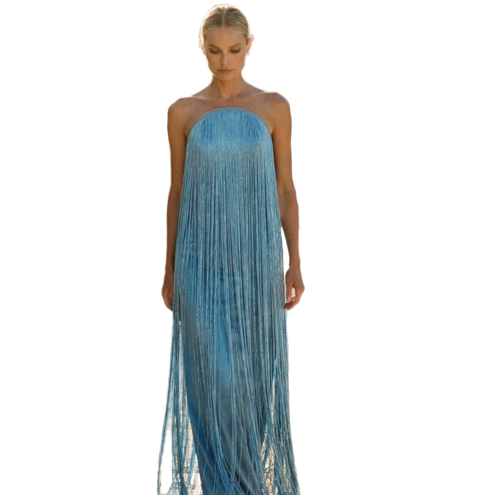 Elegant Strapless Fringe Evening Gown, Flowy Party Dress For Women, Bodycon Midi Dress In Sky Blue, Pink, White_ecoleips.com