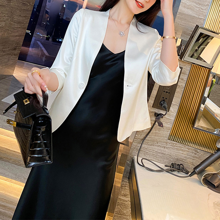 In-Stock Fashionable Summer New Acetate Thin Short White Collarless Blazer for Women In-Stock Fashionable Summer New Acetate Thin Short White Collarless Blazer for Women
