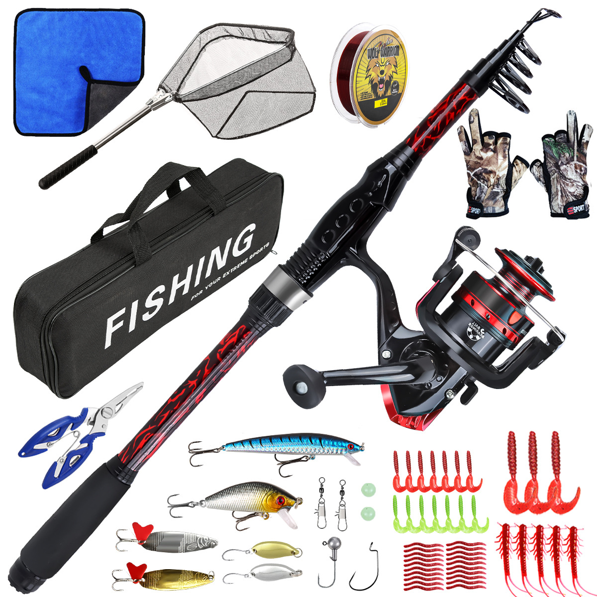 New 1.8m Fiberglass Black and Red Telescopic Fishing Rod Set, Fishing Gear, Sea Rod with Straight Handle, Cross-Border Wholesale