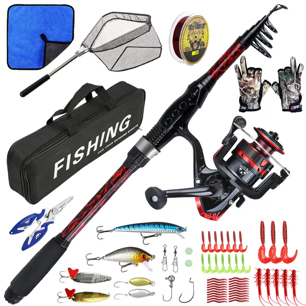 New 1.8m Fiberglass Black and Red Telescopic Fishing Rod Set, Fishing Gear, Sea Rod with Straight Handle, Cross-Border Wholesale