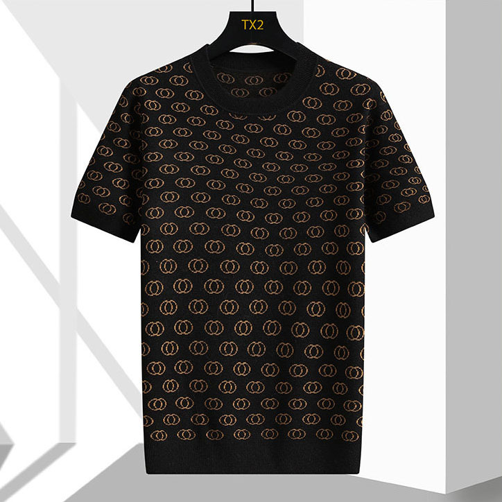Camisas de punto de estilo antiguo camiseta de manga corta hombre impresa jacquard cuello redondo de negocios de hielo de verano fábrica transfronteriza al por mayor