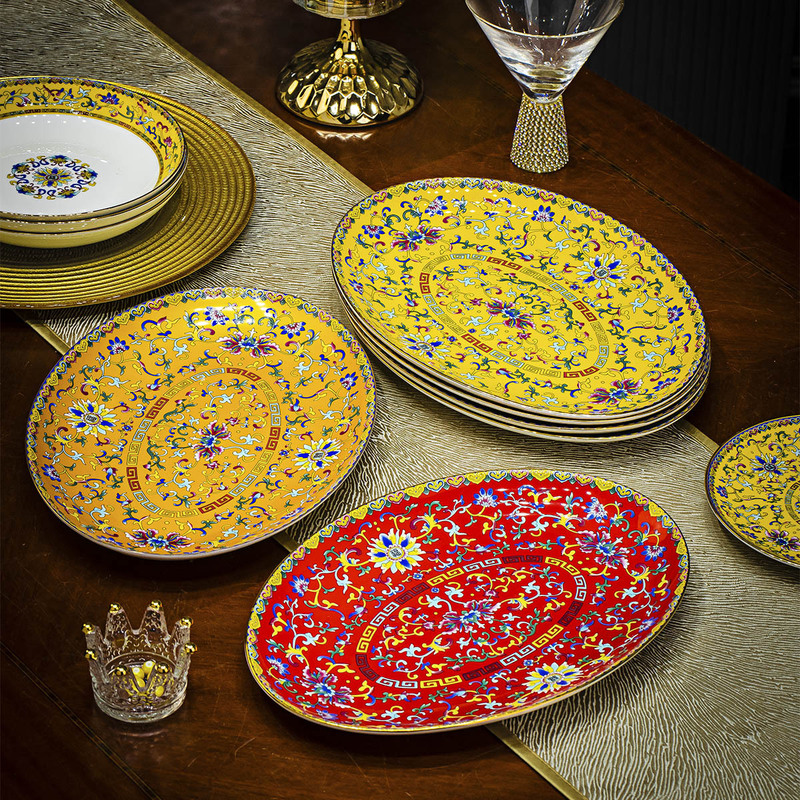 12inch Full Flower Fish Plate Oval Home Palace Style Chinese Hotel Large Steamed Fish Plate Dezhou Ceramics