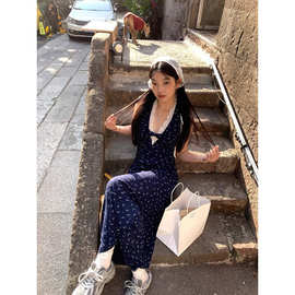 纯欲风扭结镂空短袖连衣裙女夏季法式碎花裙收腰A字裙藏蓝色长裙