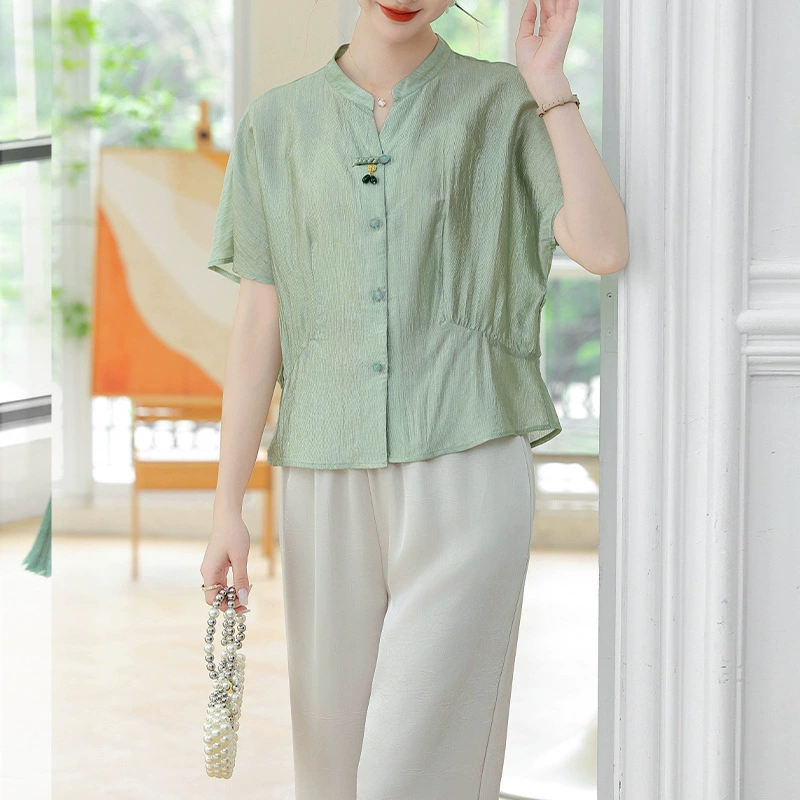 Новое летнее платье для мамы в китайском стиле, ацетатная атласная рубашка с короткими рукавами и летучей мышью, модный топ из ледяного шелка для женщин среднего и пожилого возраста