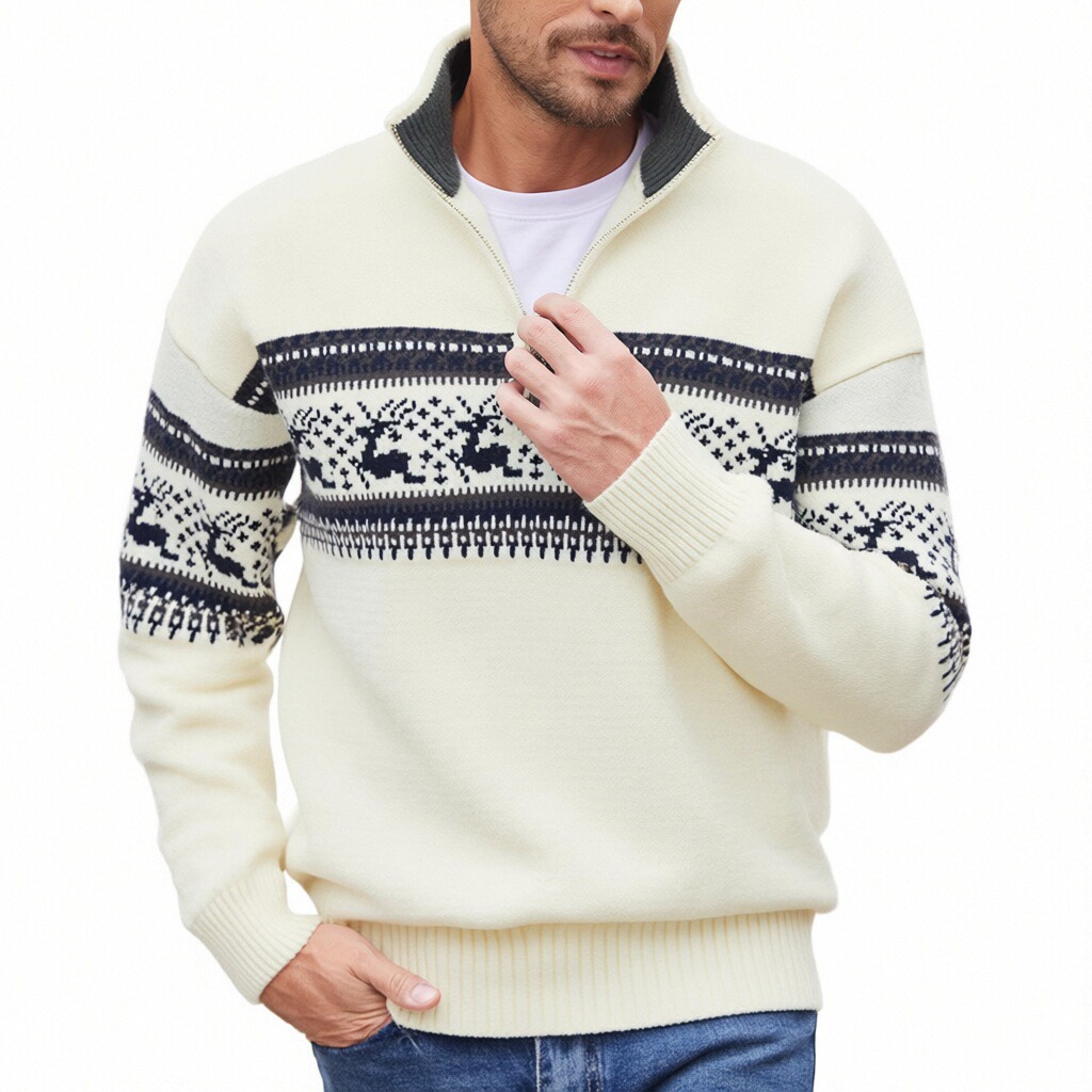 Autumn and Winter Export Japanese and Korean Loose Half-Zip Stand-Up Collar Knitwear Fashion Party Christmas Elk Jacquard Knitwear for Men