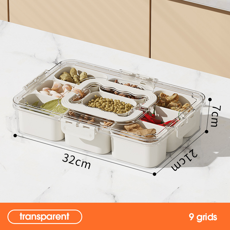 Caja de condimentos de grado alimenticio Caja de condimentos de especias portátiles de nueve puntos Caja de almacenamiento de refrigerador transparente de gran capacidad de cocina