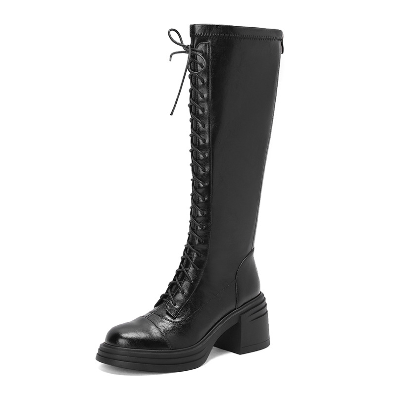 Boot nữ cổ cao ôm bắp chân đế dày dây buộc phong cách kỵ sĩ — Da lộn đen
