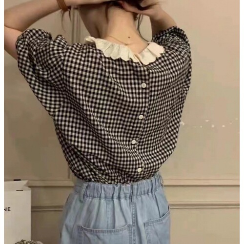 Korean Dongdaemun 2024 Sweet Lace Edge Youthful Bubblesleeve Front and Back Wear Check Shirt for Women
