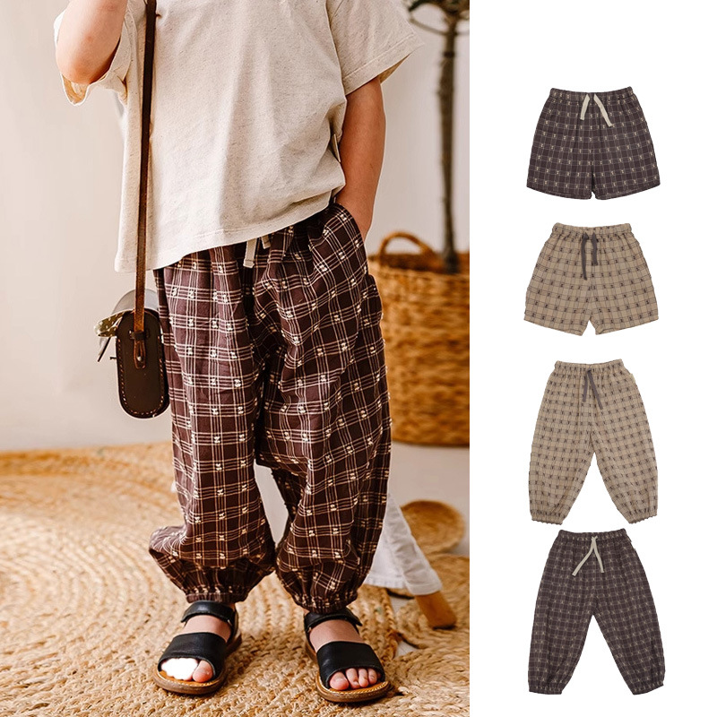 Children's Summer Lightweight Shorts for Men and Women, Anti-Mosquito Pants, Breathable Textured Retro Plaid Pants
