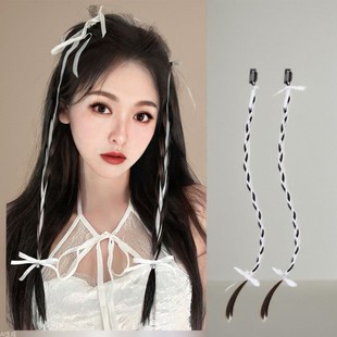 Factory wholesale wig braid children one piece hanging ear dyed wig net red ribbon twist long braid a generation of hair