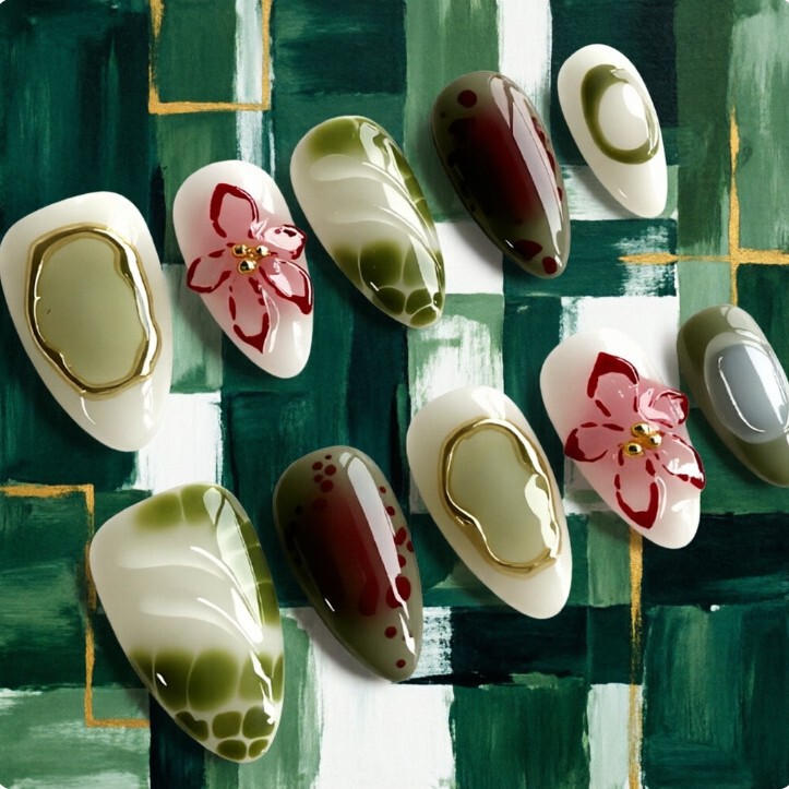 Green Polka Dot Floral Short Almond-Shaped High-End Wearable Nails Wholesale European and American Style Popular Nail Stickers for Women