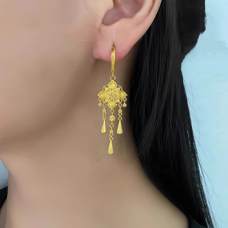 黄金色宝相花耳环女款复古精致百搭轻奢镂空流苏耳饰小众时尚配饰|undefined