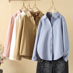 秋冬款磨毛纯棉加厚长袖纯色衬衫女多纽扣休闲韩版衬衣打底上衣