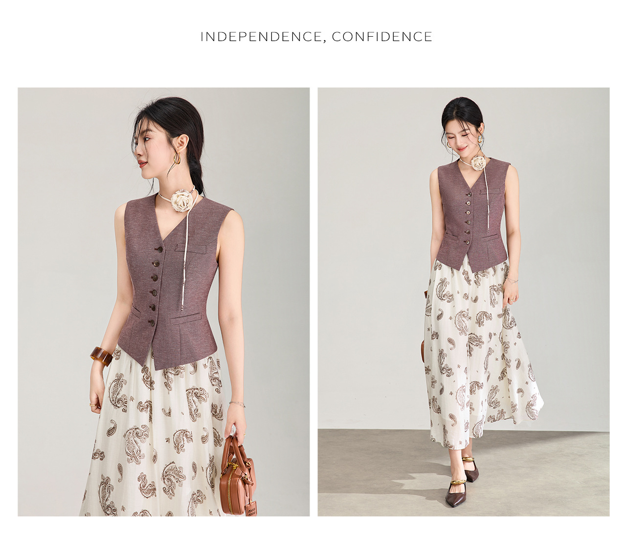 Set áo gile len phối váy maxi in hoa phong cách boho mùa hè — Màu cà phê chi tiết 14