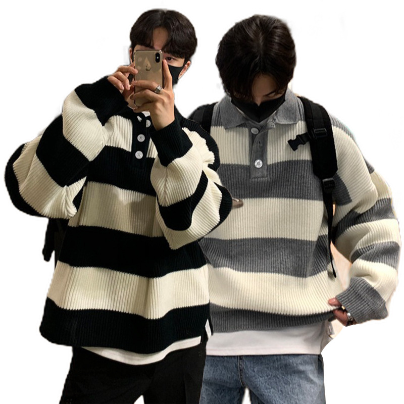Cross-Border Popular European Size Large Size Polo Shirt Lapel Striped Sweater Sweater Men's Loose Trendy Jacket Factory Wholesale