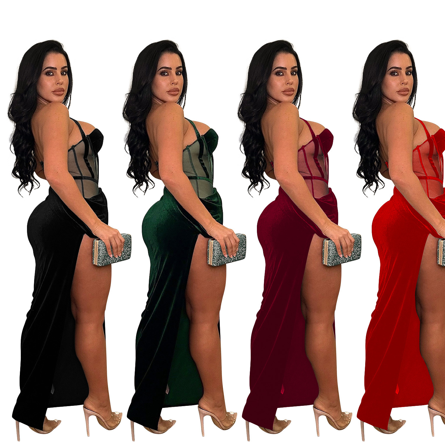 C6732 transfronteriza AliExpress Amazon Europa y América de las mujeres de moda de color sólido correa de malla vestido de la División