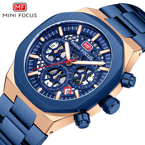 MINI FOCUS Watch Multifunction Business Men's Waterproof Quartz Watch Open Dial Steel Strap Men's Watch 0411G