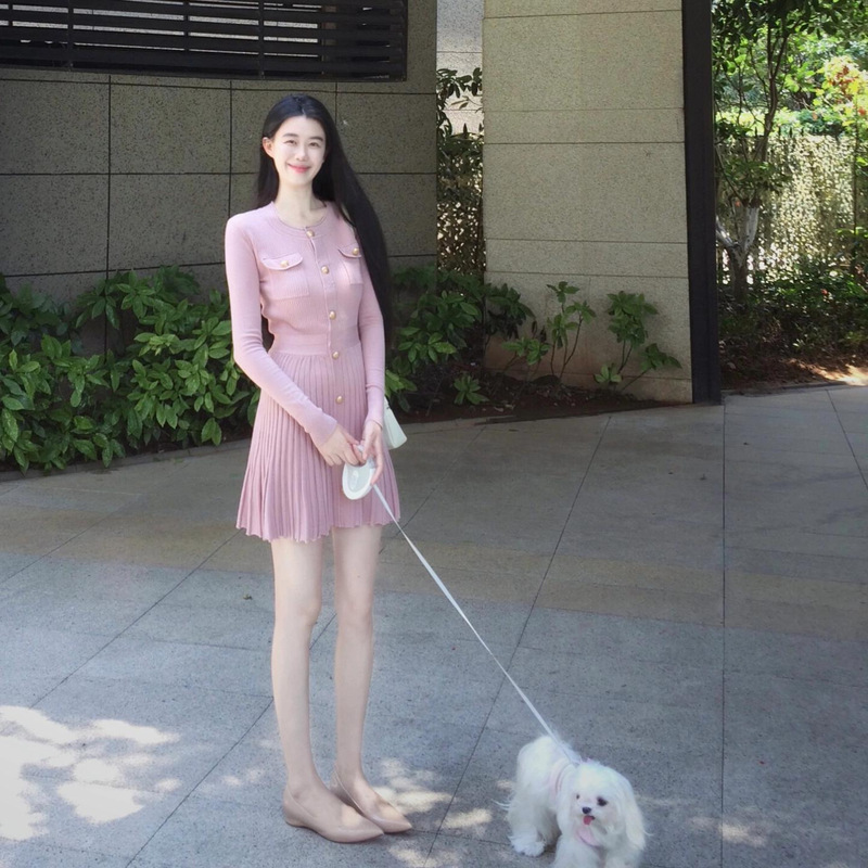 French Style Chanel Pink Knitted dress Children's Early Autumn 2024 New Style Elegant Skirt for Small Men